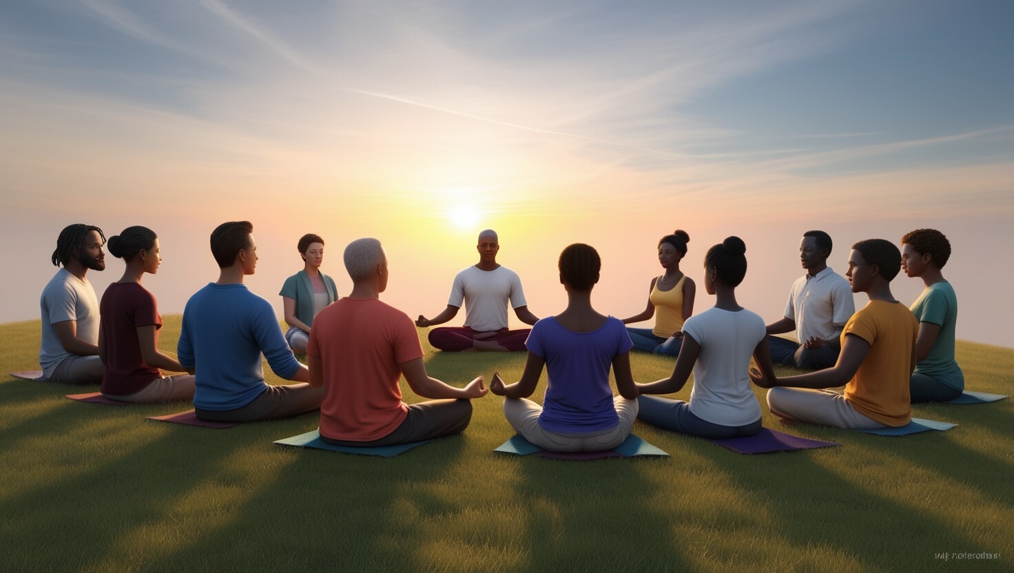 a group of people sitting in a circle on grass